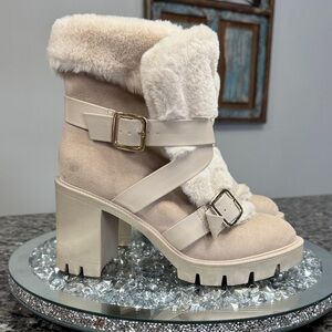 INC International Concepts Cream Faux Fur Lug Heel Winter Boots